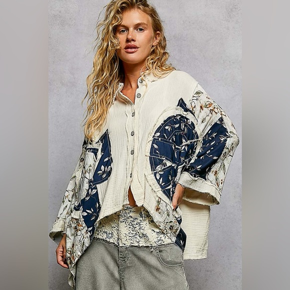 POL Cream and Navy Patchwork Button-Up Blouse - Picture 2 of 6